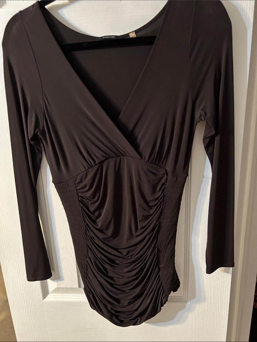 Elie Tahari S Brown Ruched V-Neck Long Sleeve Top